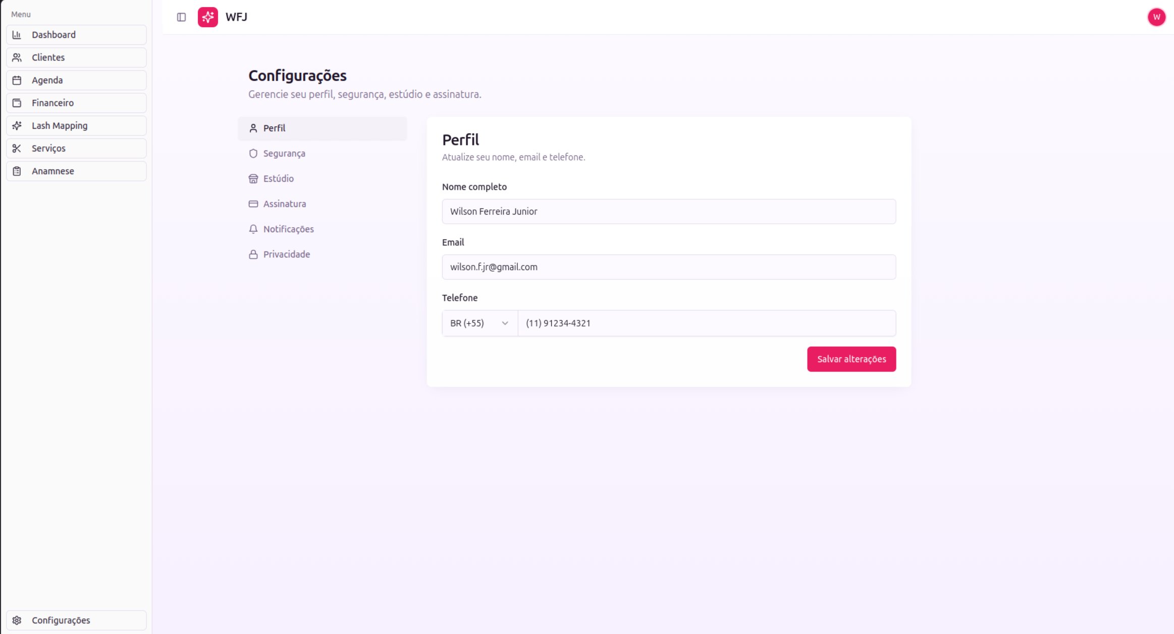 Tela do módulo Configurações