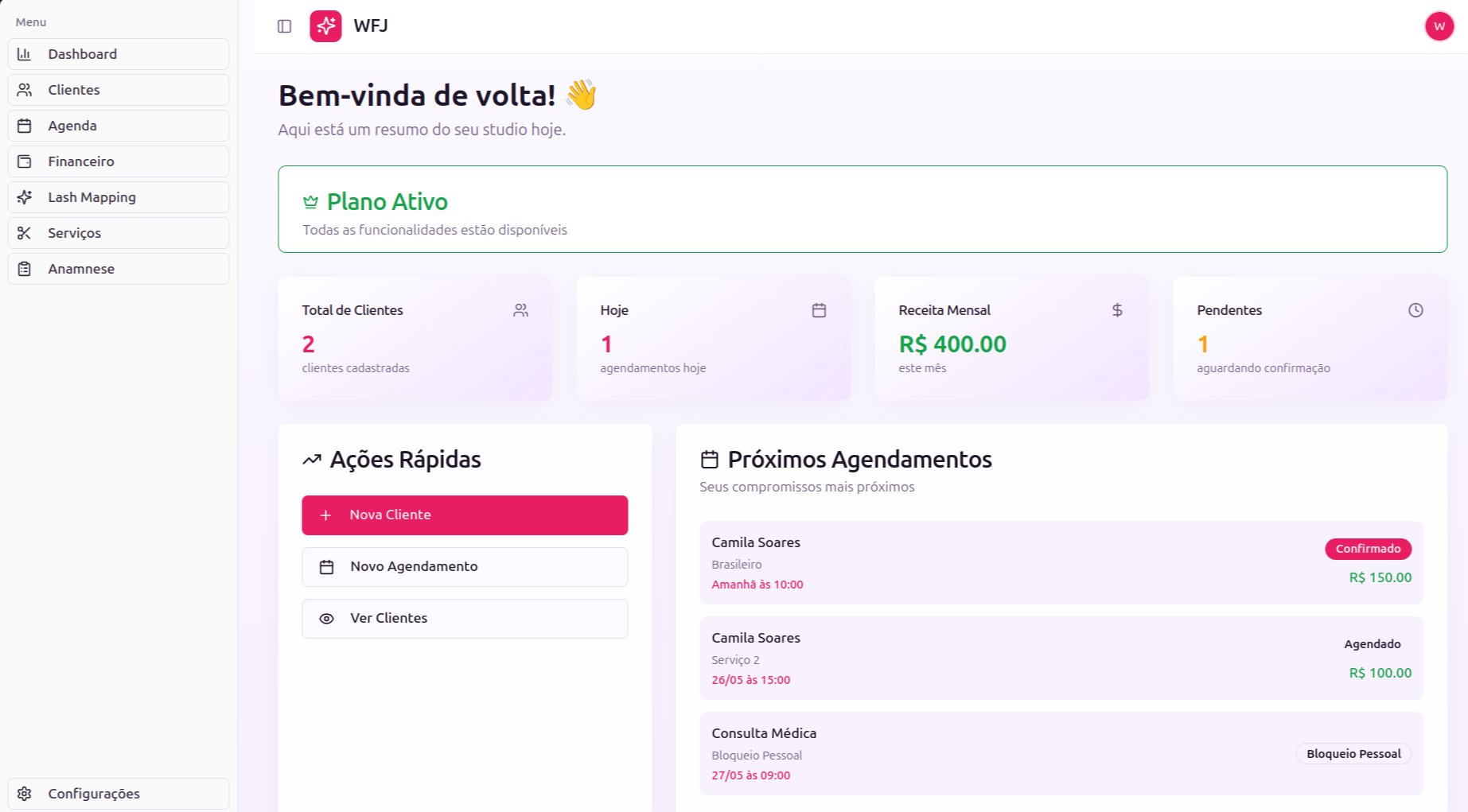Tela do dashboard do estúdio no Lash Space Manager