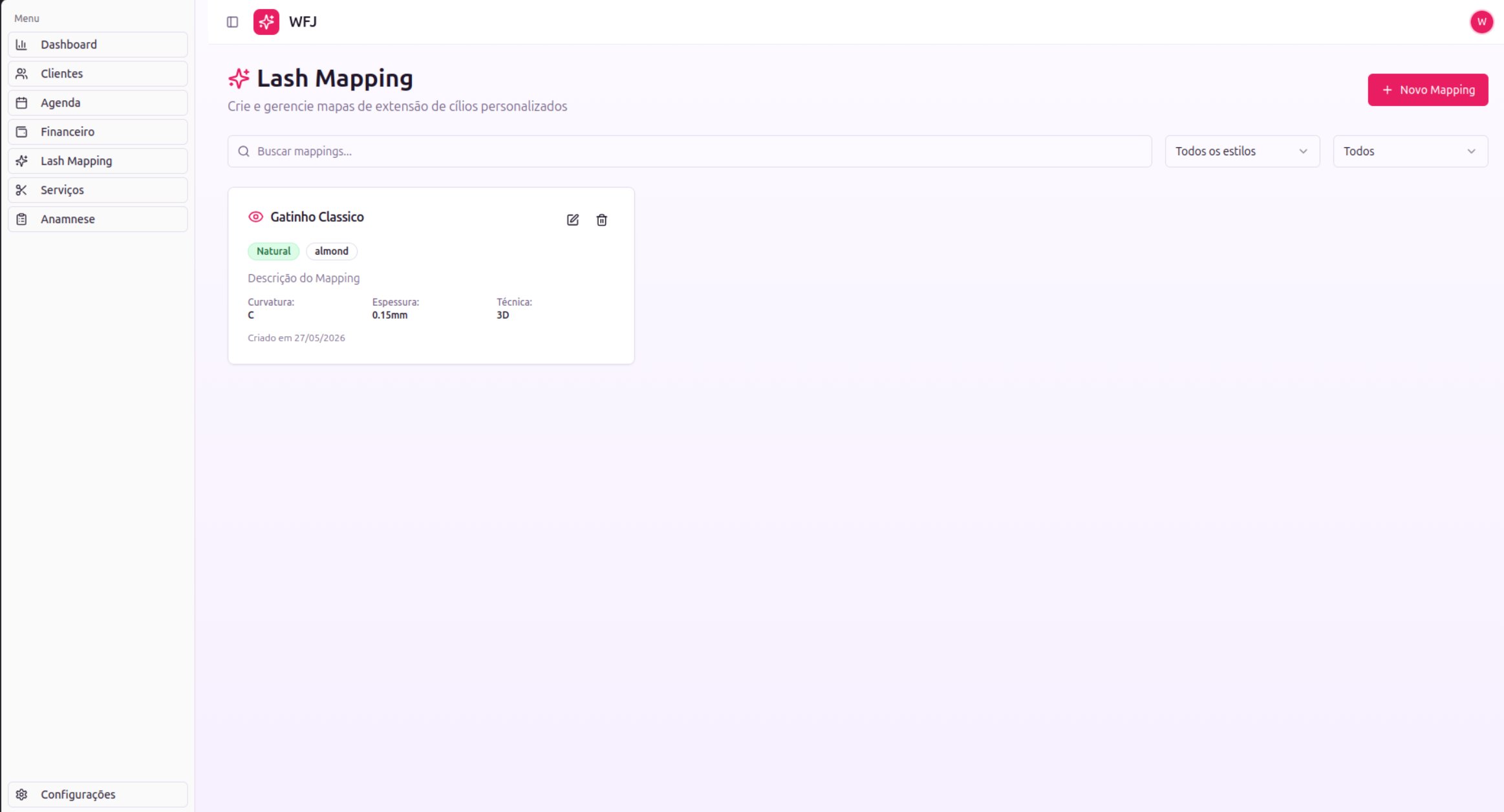 Tela do módulo Lash Mappings