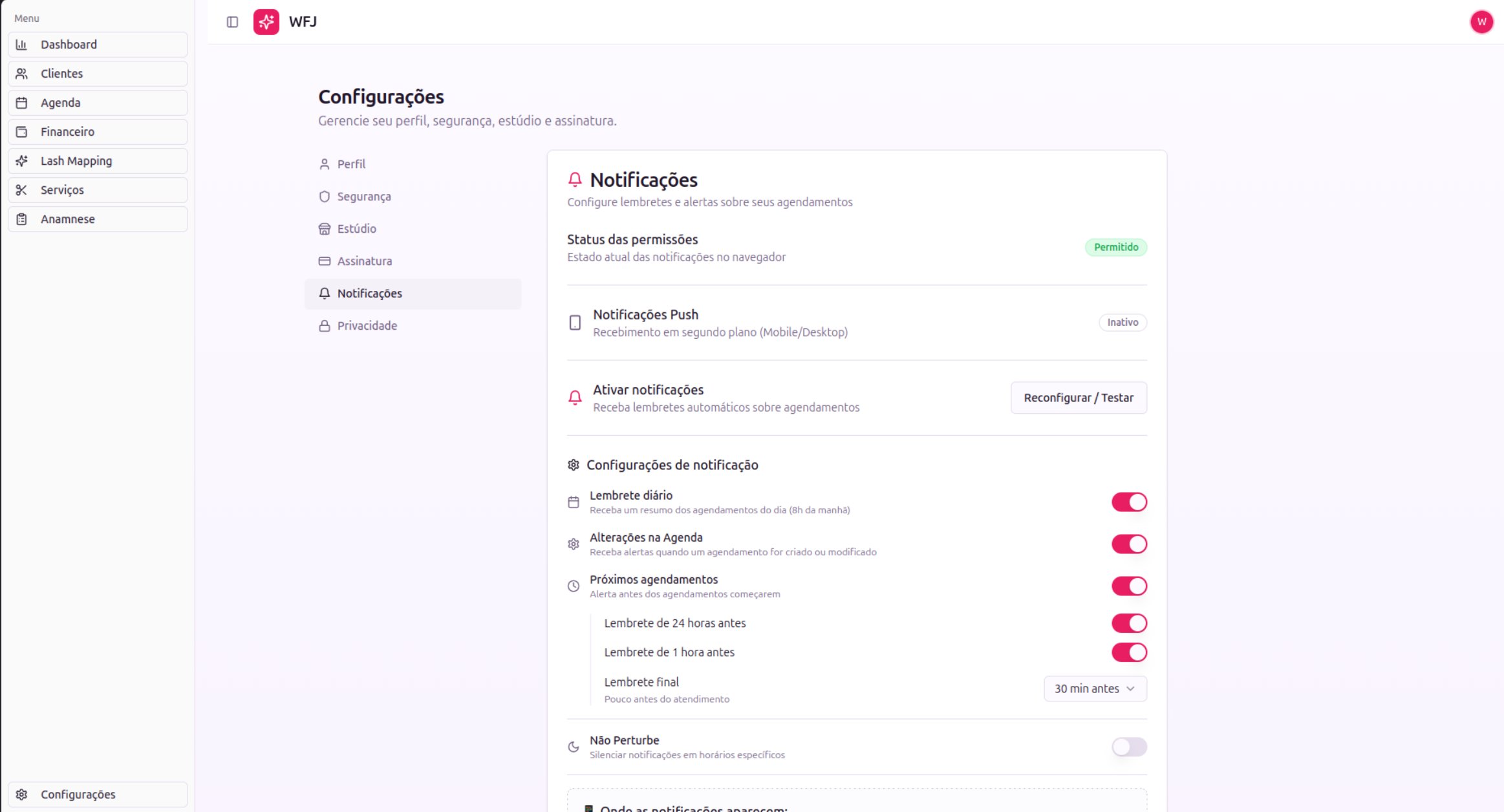 Tela do módulo Notificações